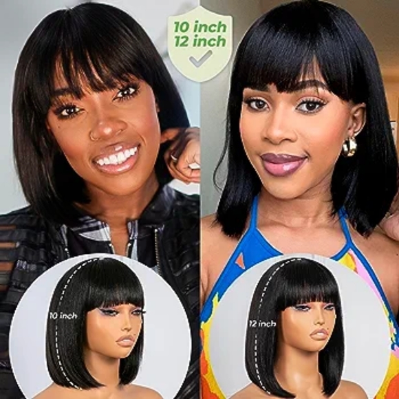 Bob Wig With Bangs- 10 Inch Short Yaki Bob Wig 180% Density - Picture 8 of 9